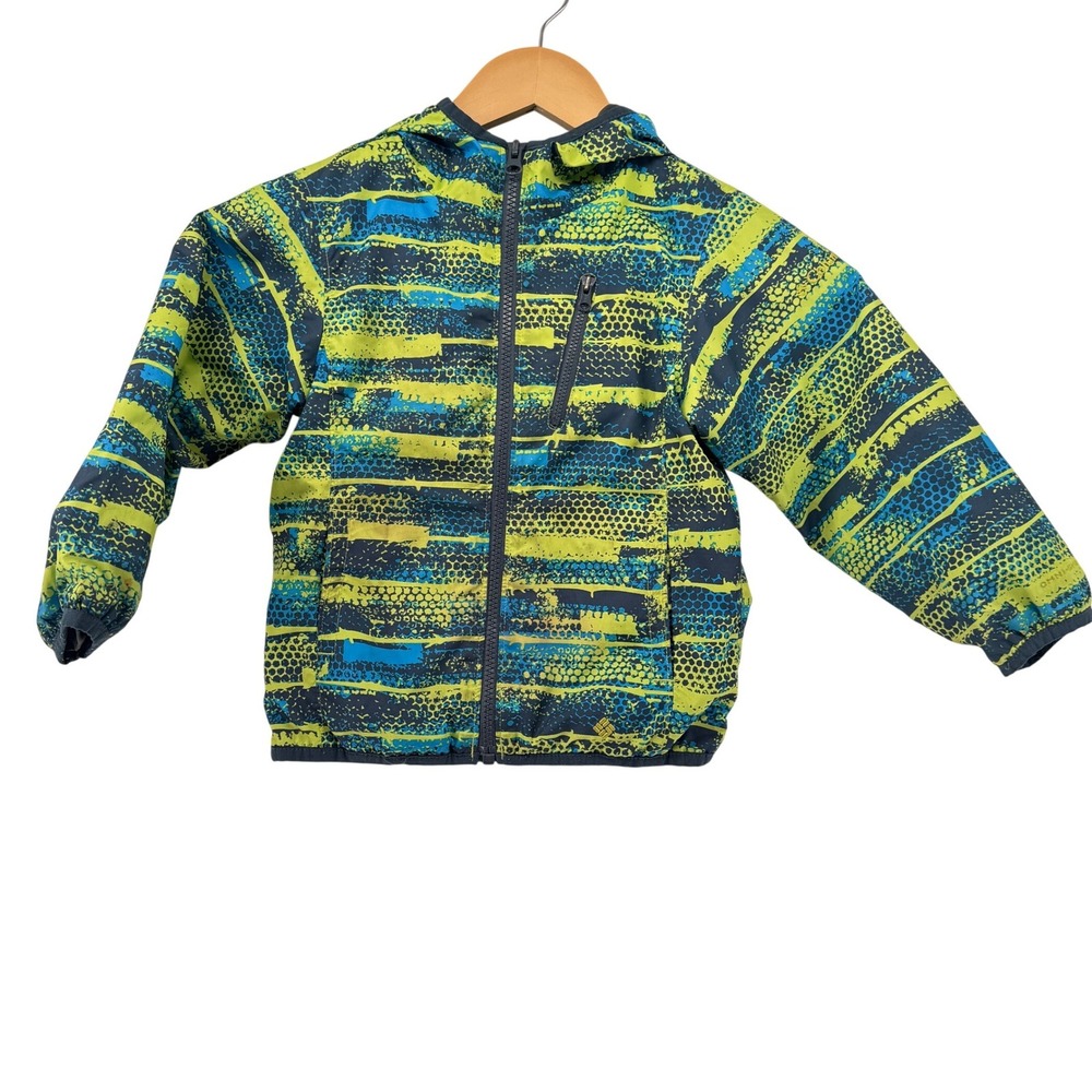 Columbia Boys Omni-Shield Hooded Windbreaker Jacket Neon Yellow Blue Size 4/5